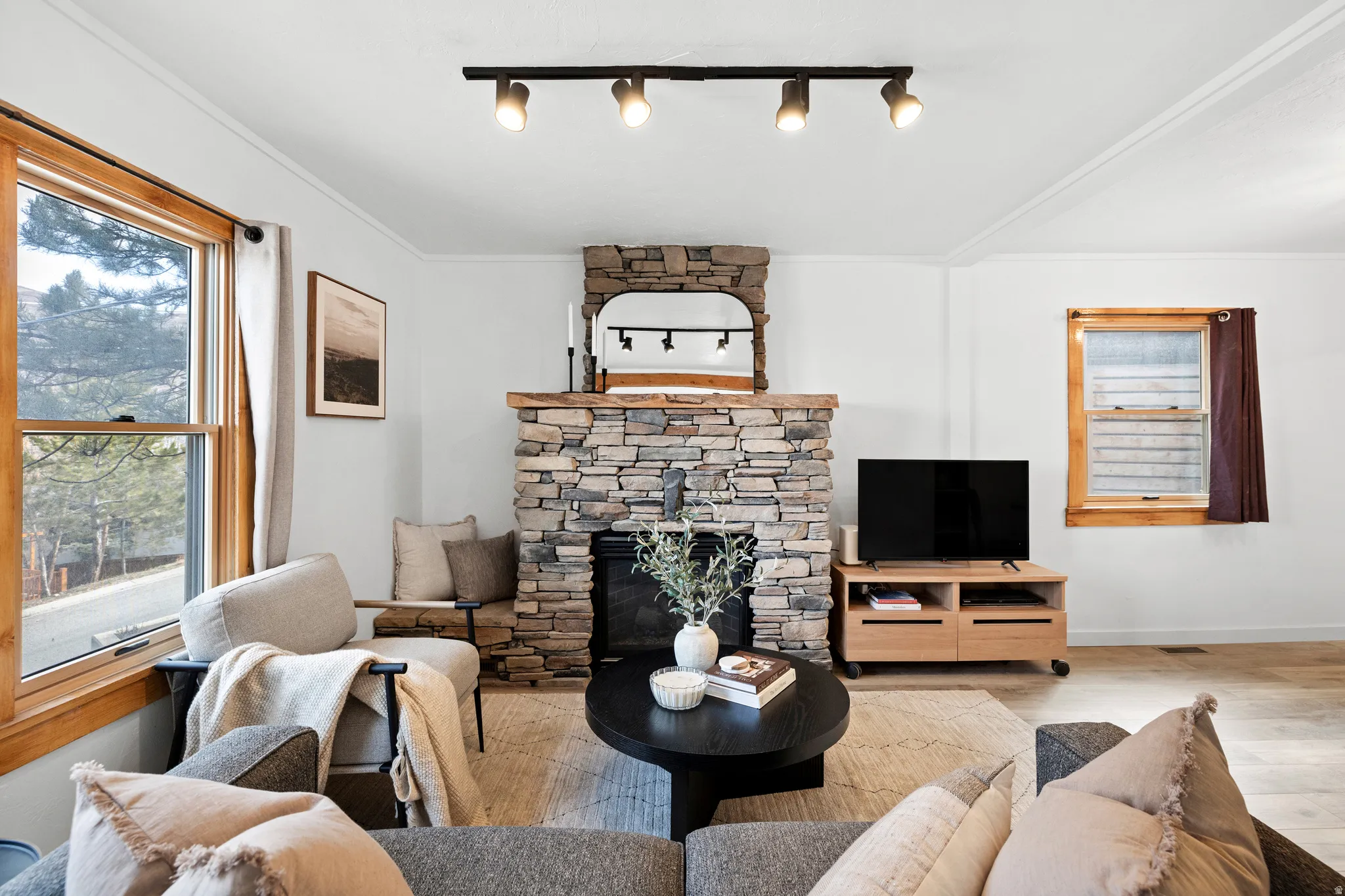 Living room featuring a stone fireplace, wood finished floors, track lighting, and ornamental molding