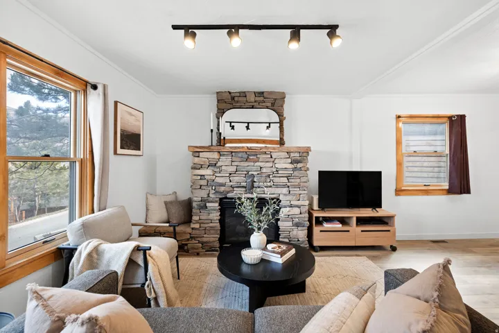 Living room featuring a stone fireplace, wood finished floors, track lighting, and ornamental molding