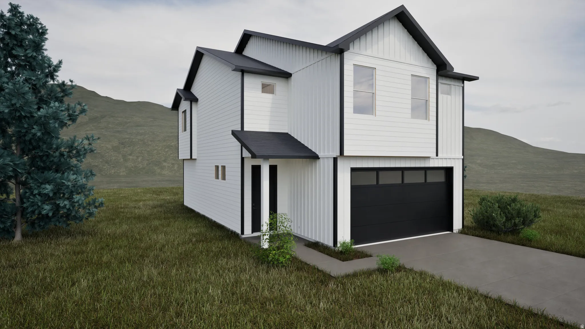 Modern farmhouse featuring a garage, a mountain view, driveway, a front lawn, and board and batten siding
