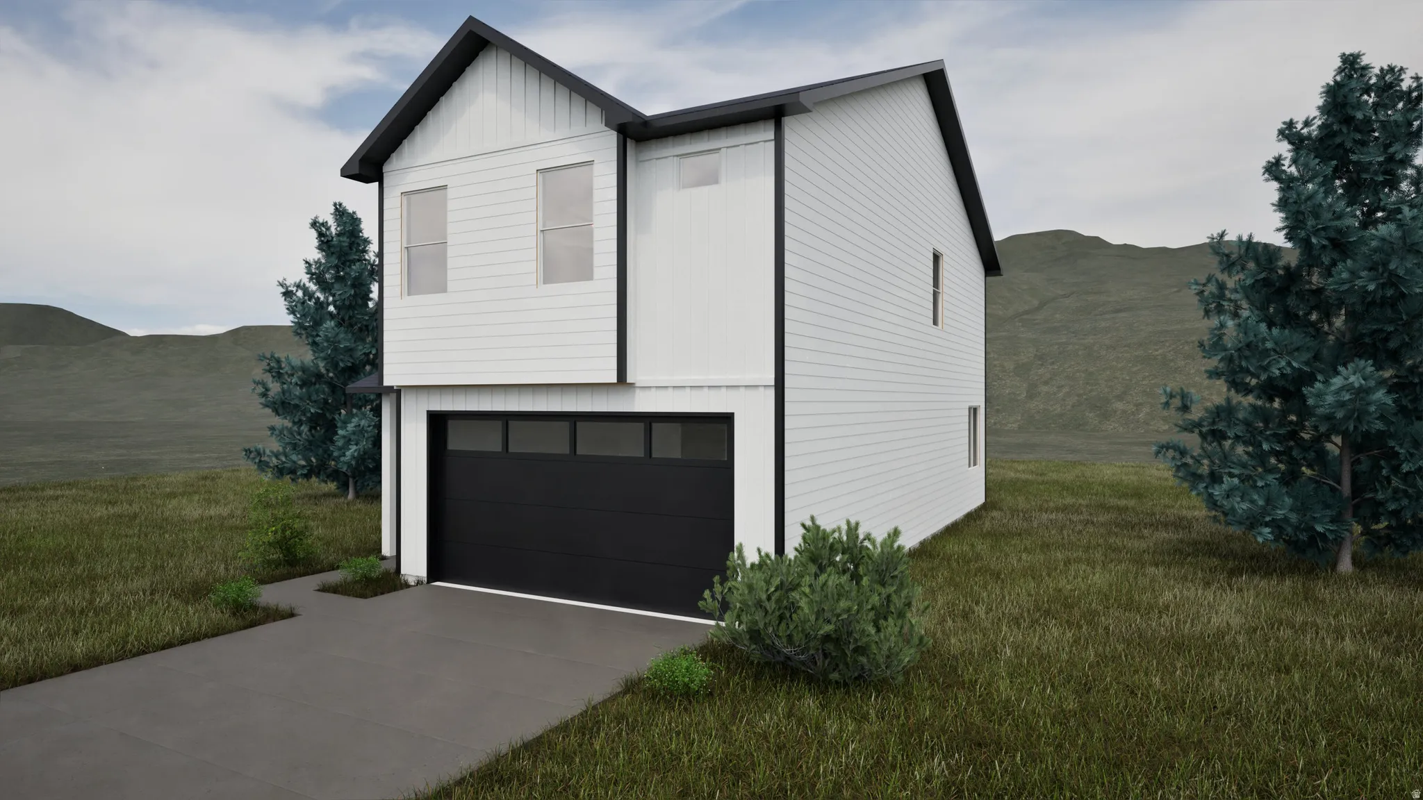 View of home's exterior with an attached garage, a lawn, concrete driveway, a mountain view, and board and batten siding