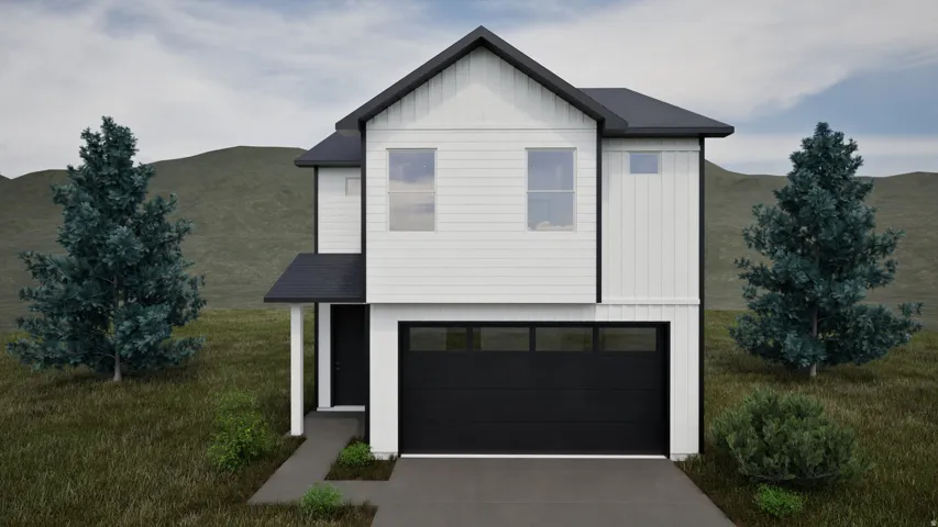 View of front of home with board and batten siding, driveway, a garage, and a mountain view
