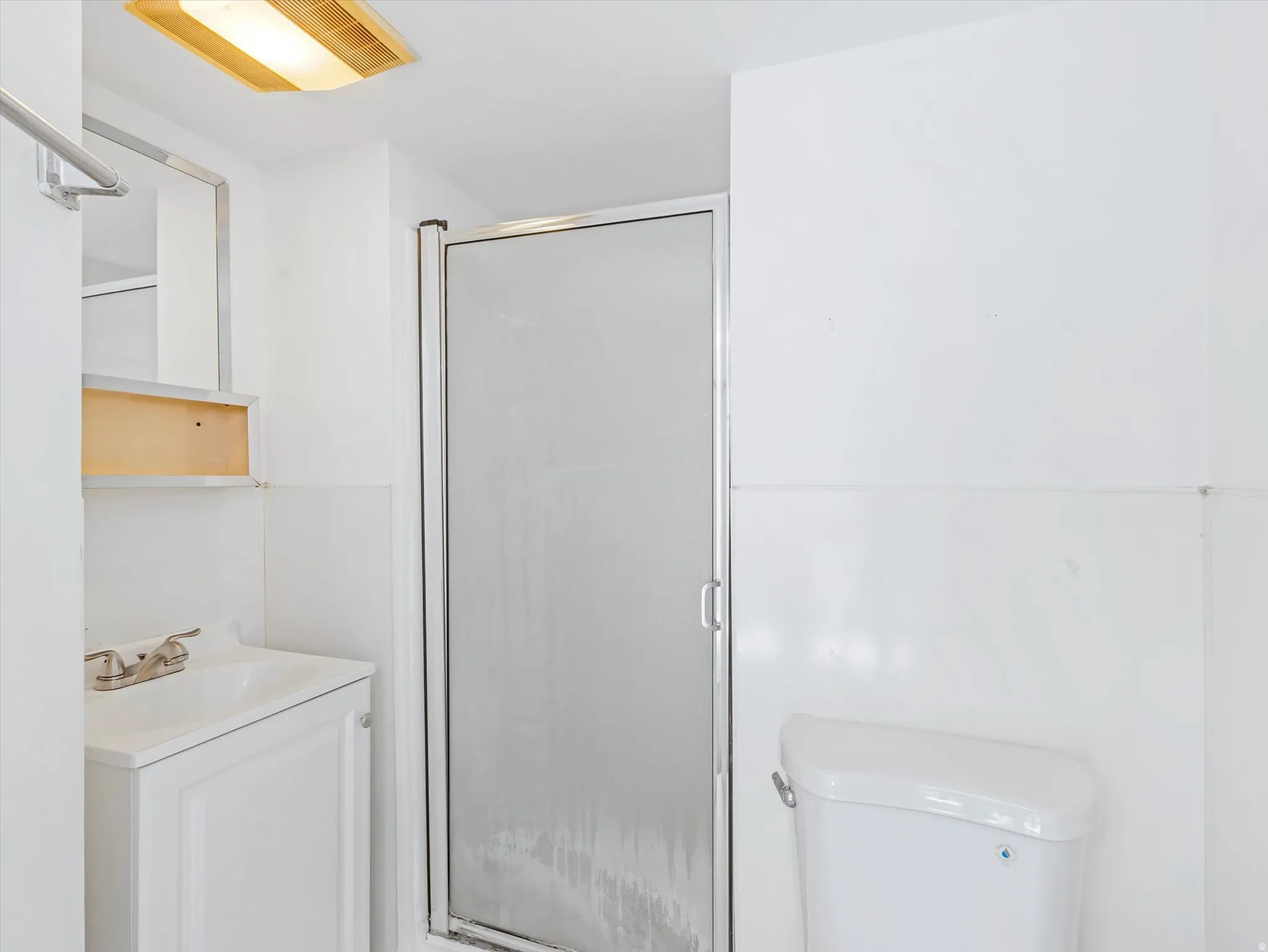 Full bathroom with vanity and a shower stall