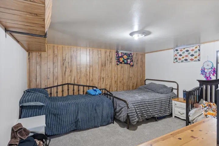 Carpeted bedroom featuring wood walls