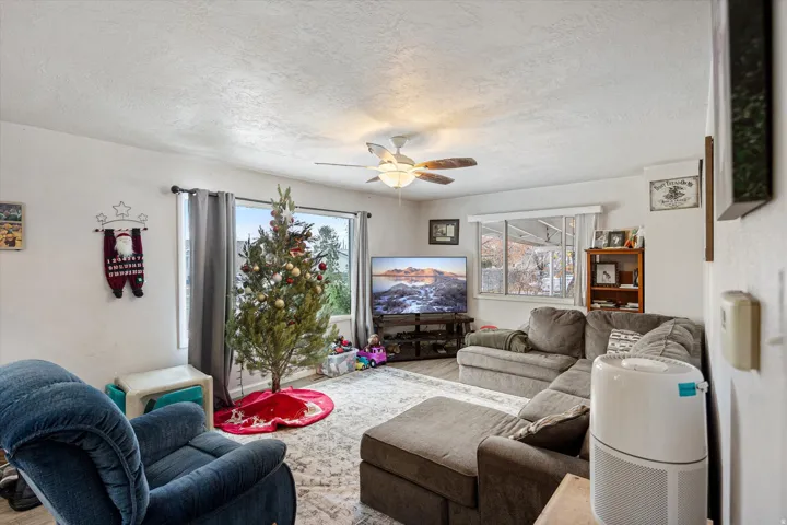 Living area with a textured ceiling, wood finished floors, and a ceiling fan