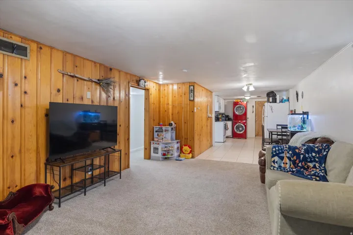 Living room featuring light carpet, washer / clothes dryer, wood walls, and light tile patterned floors