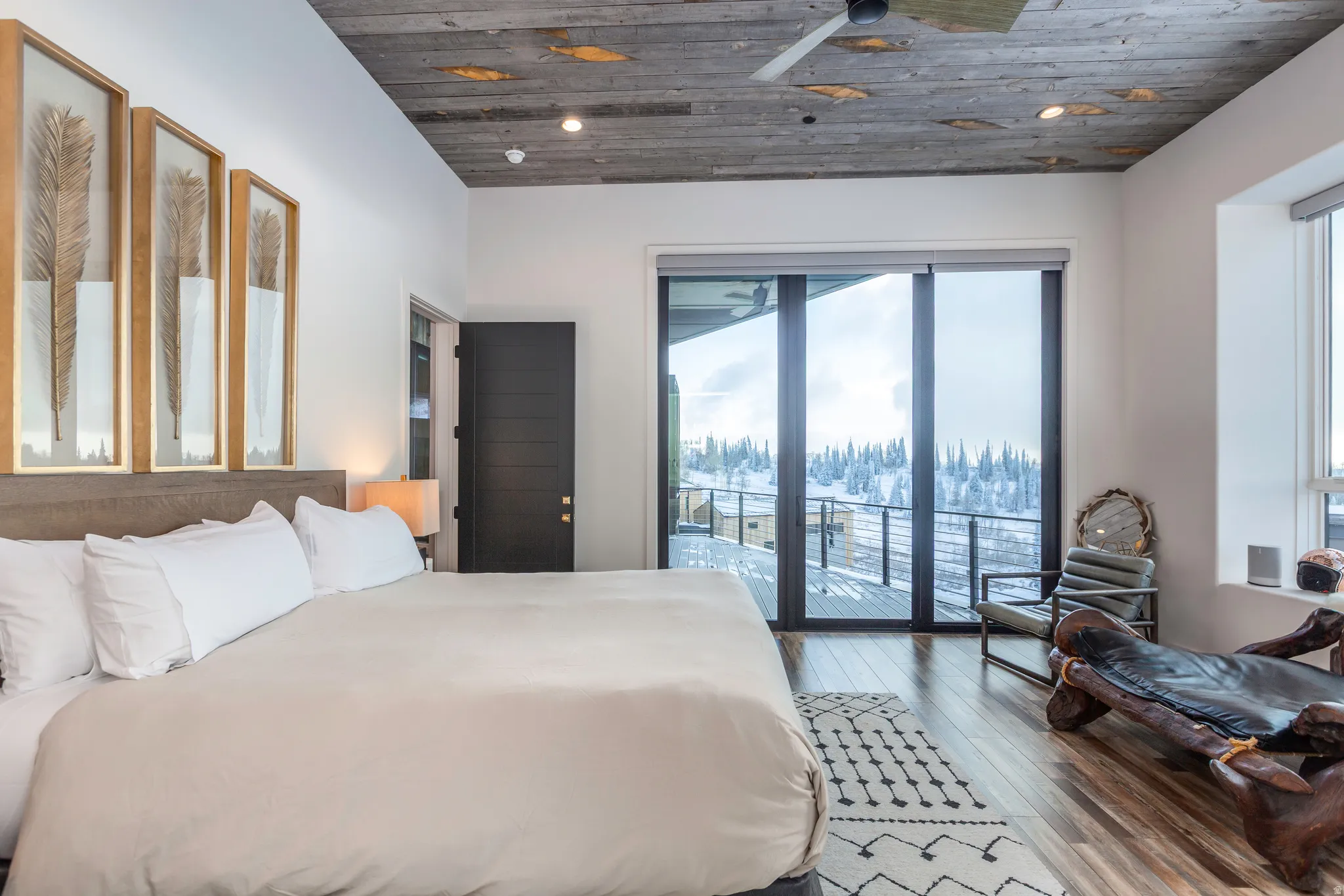 Bedroom with wooden ceiling, wood-type flooring, access to outside, recessed lighting, and ceiling fan