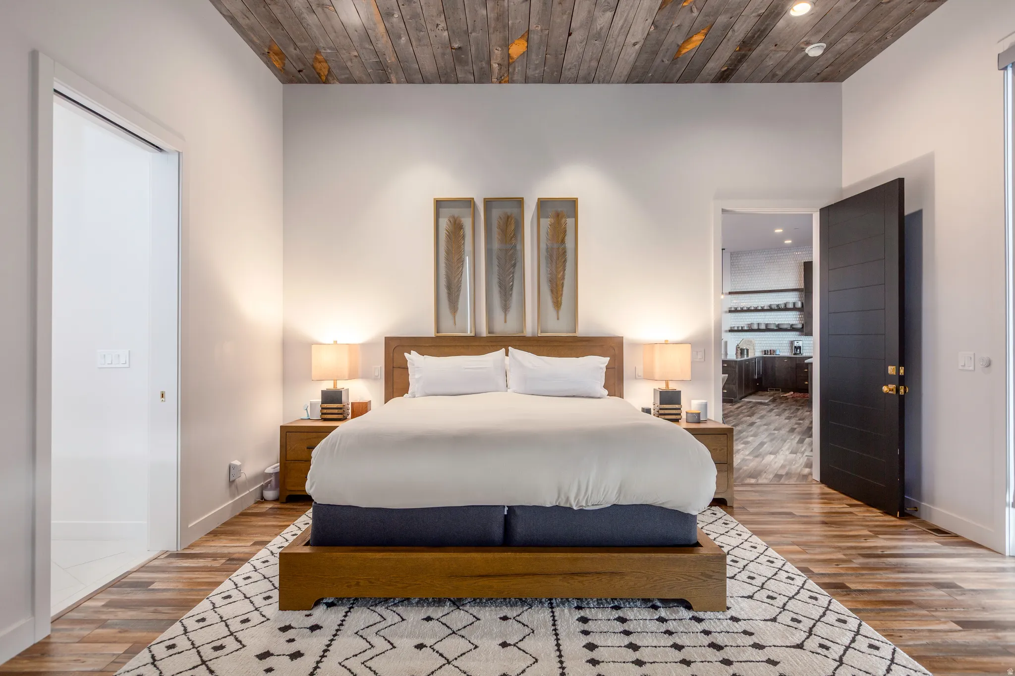 Bedroom featuring wood finished floors, recessed lighting, and wood ceiling