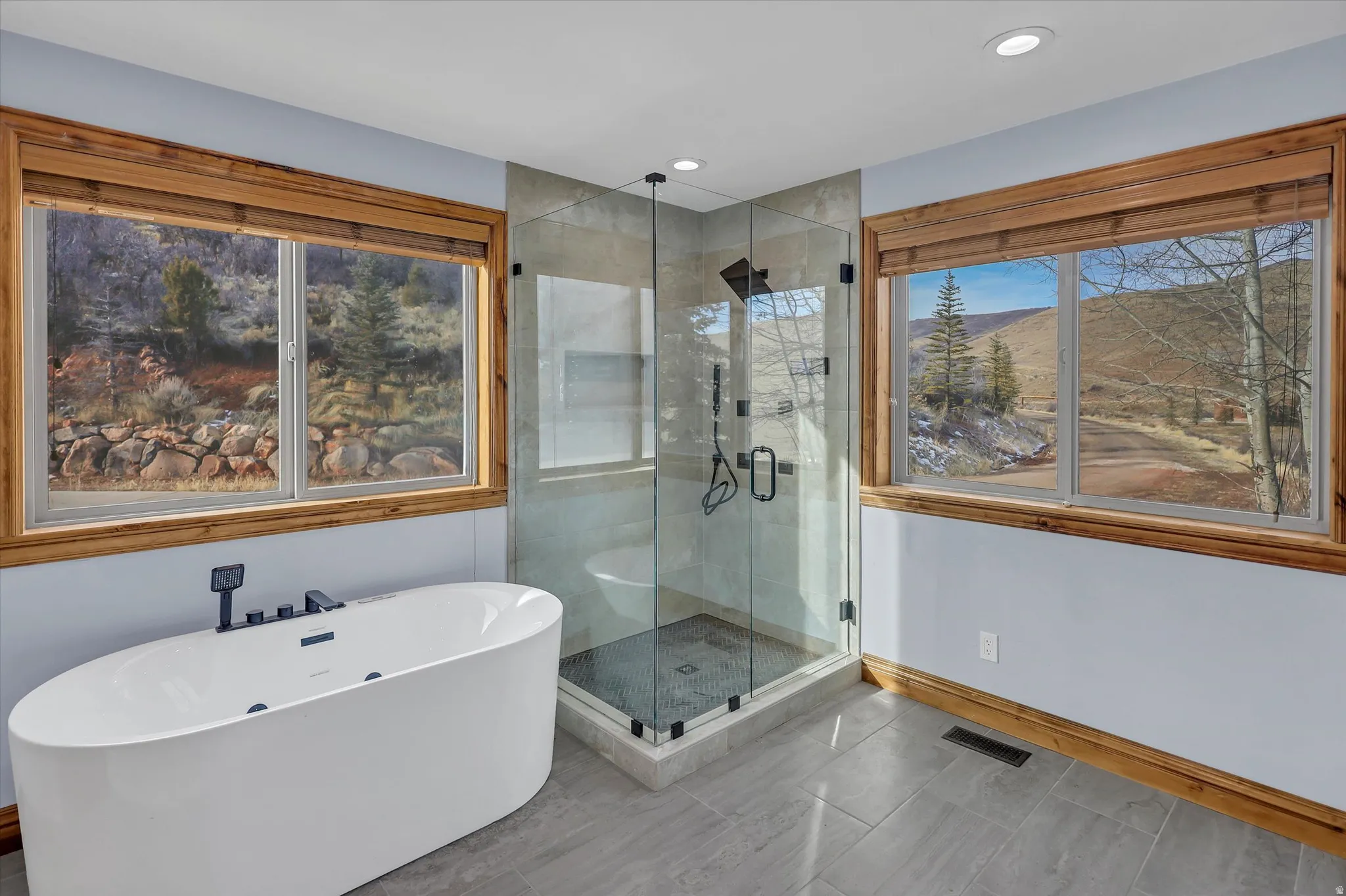Full bath featuring a stall shower, a soaking tub, a mountain view, and recessed lighting