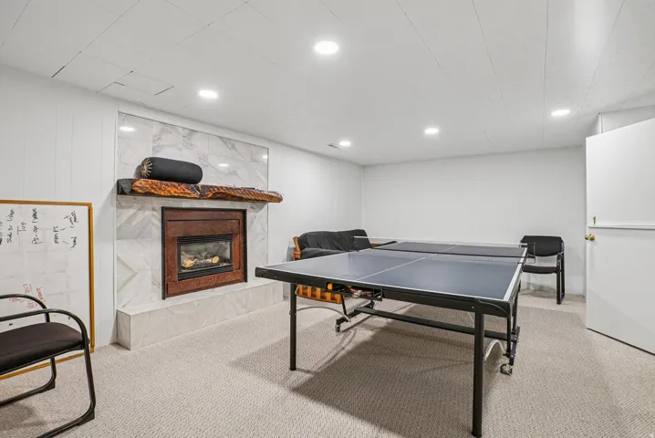Game room with a premium fireplace and carpet