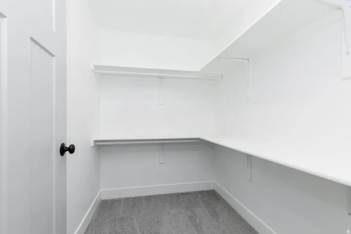 Spacious walk in closet with light carpet