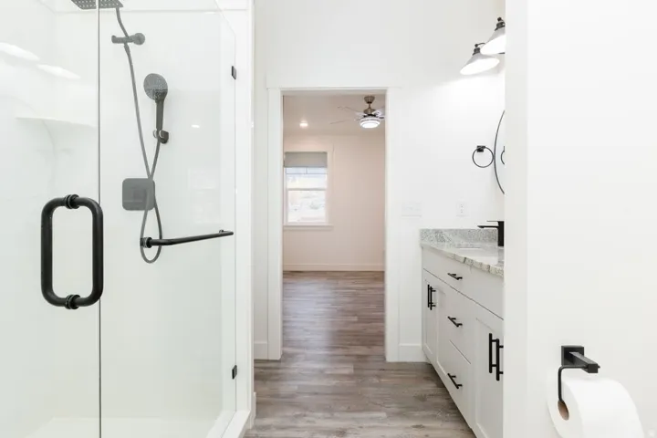 Full bathroom with vanity, light wood-style floors, and a stall shower