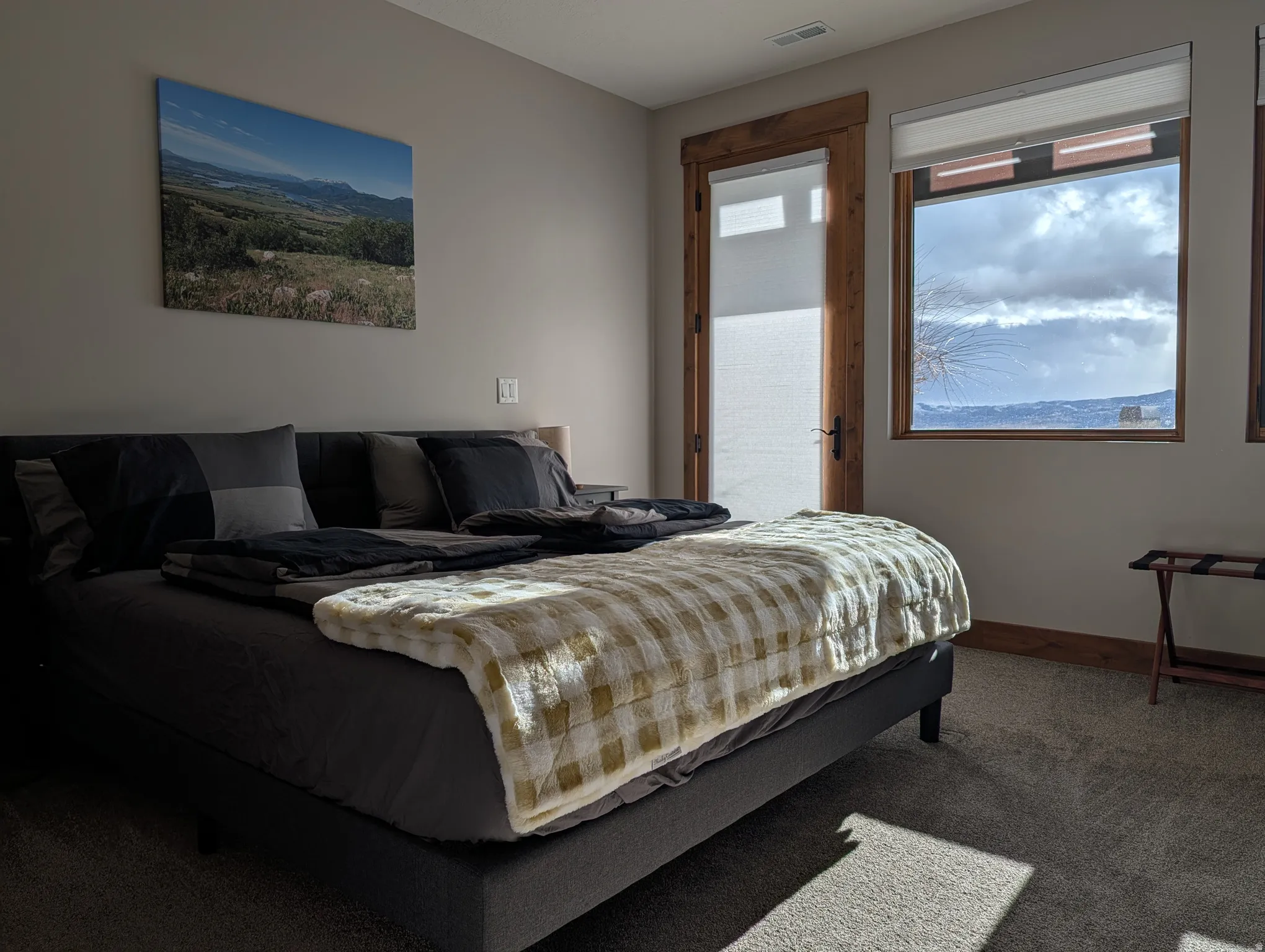 Bedroom with access to exterior and carpet