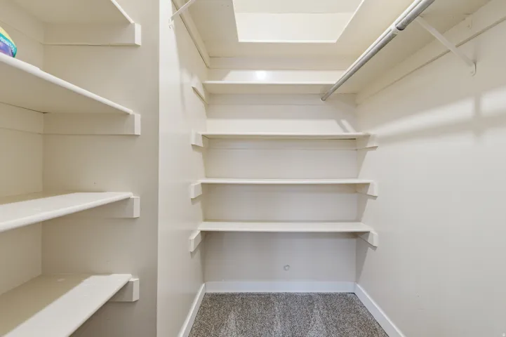 Walk in closet featuring light colored carpet