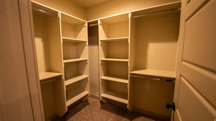 Corner walk-in closet featuring built-in shelving, multiple hanging rods, and carpet flooring