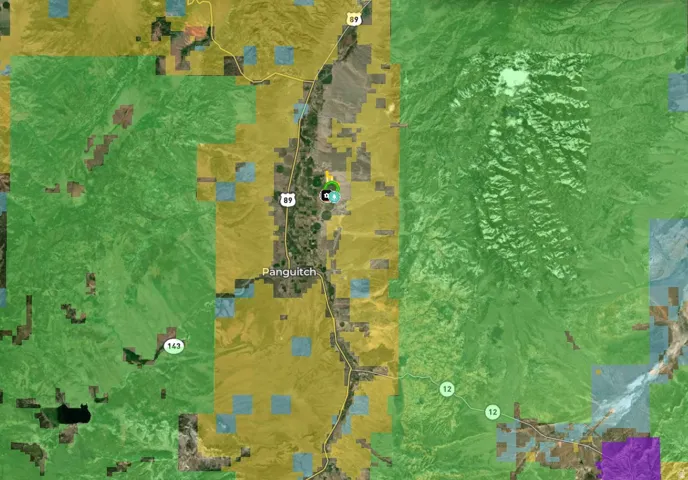 Land Ownership Map. Displaying land parcel classifications and geographic features surrounding Panguitch, Utah
