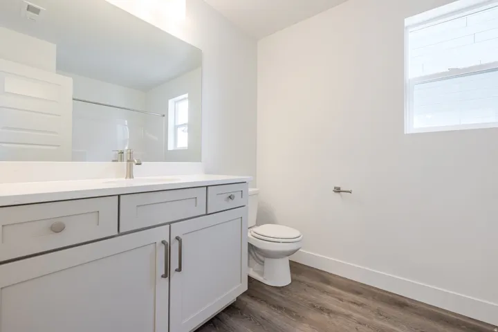 Full bath featuring vanity, dark wood-style floors, and a shower