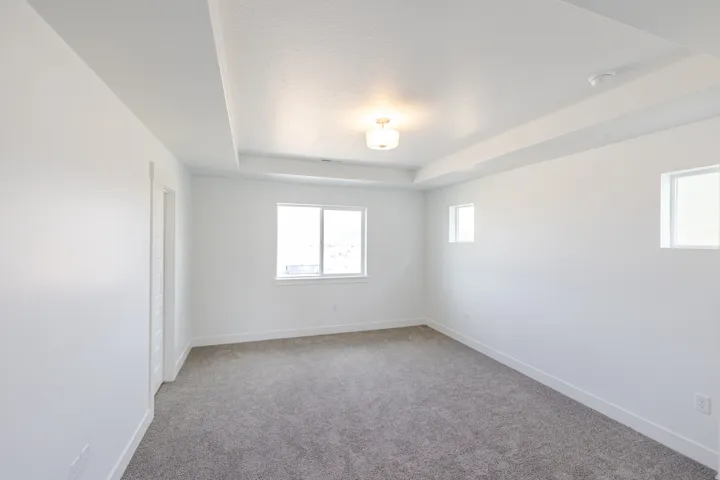 Empty room with a tray ceiling and carpet flooring