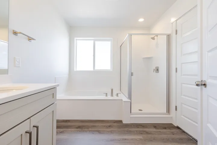Full bath featuring vanity, a stall shower, dark wood-style floors, and a bath
