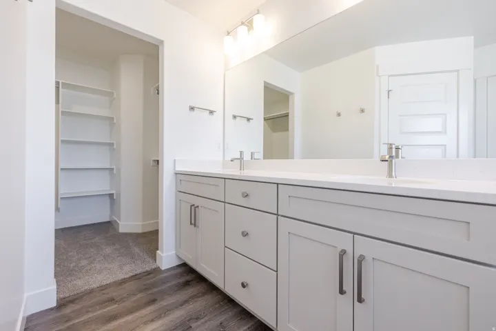 Full bath with double vanity, a walk in closet, and dark wood-type flooring