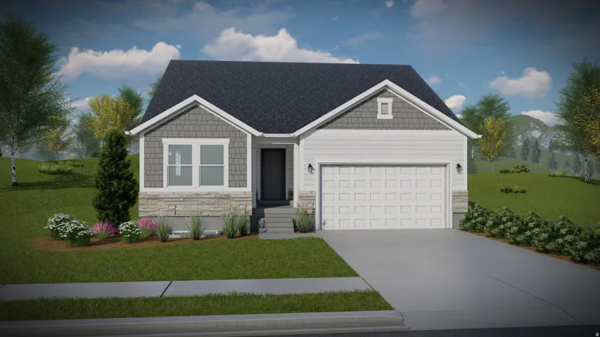 View of front facade with a front yard, driveway, stone siding, an attached garage, and a shingled roof