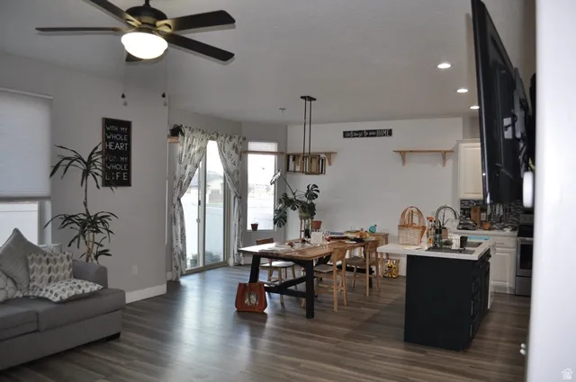 Dining space featuring dark wood-style floors, a ceiling fan, and recessed lighting