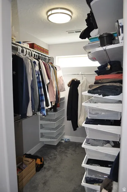 Spacious closet with dark carpet