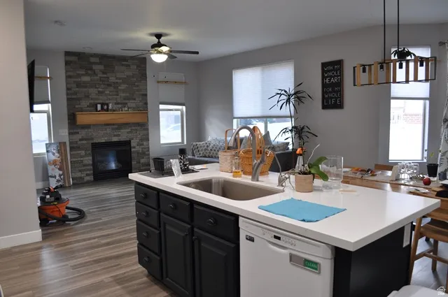 Kitchen with dark cabinets, an island with sink, white dishwasher, dark wood-style flooring, and hanging light fixtures
