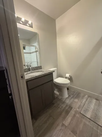 Bathroom with vanity, dark wood-type flooring, and tiled shower