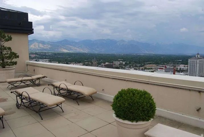 View of patio with a mountain view