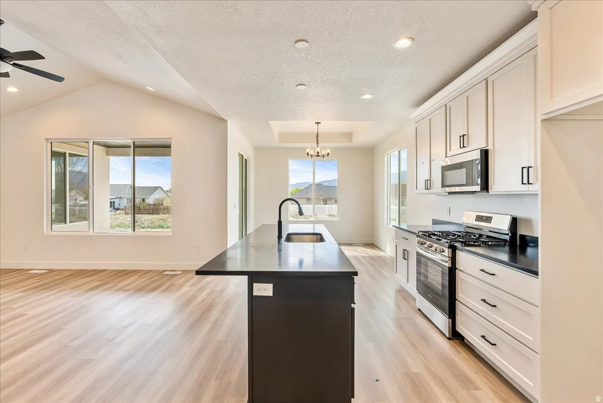Kitchen with stainless steel appliances, light wood-type flooring, a center island with sink, ceiling fan, and white cabinetry