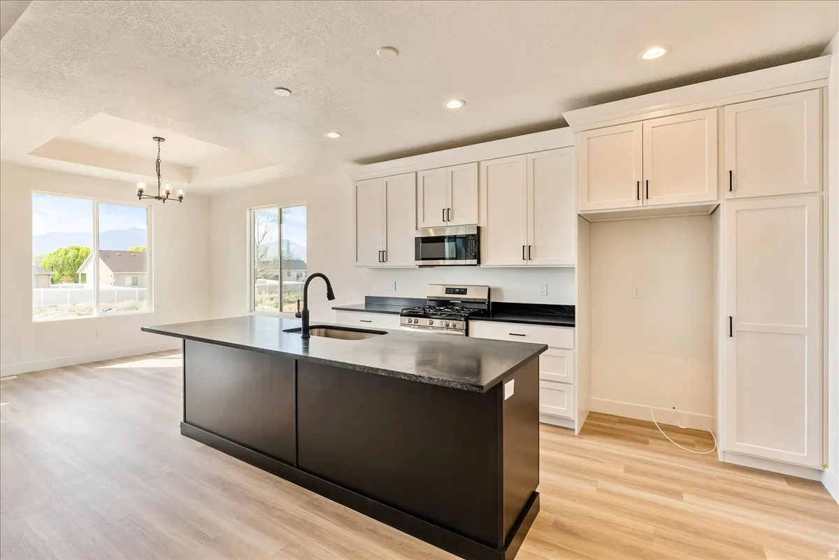 Kitchen with stainless steel appliances, light wood finished floors, a chandelier, a tray ceiling, and a textured ceiling