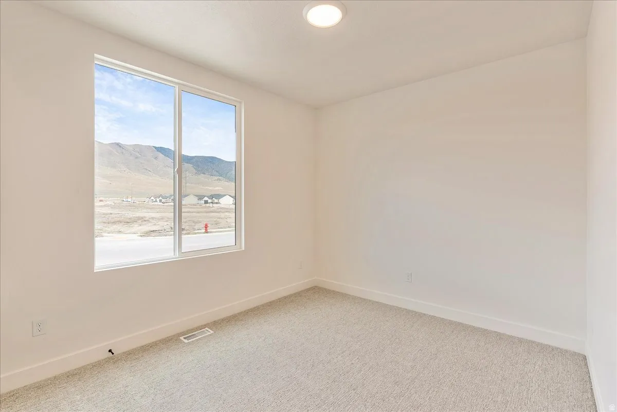 Unfurnished room with a mountain view and light carpet