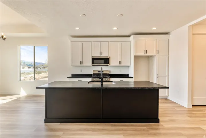 Kitchen featuring light wood-style floors, white cabinetry, recessed lighting, stainless steel appliances, and a kitchen island with sink
