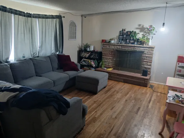 Living area featuring a fireplace, hardwood / wood-style floors, and a textured ceiling