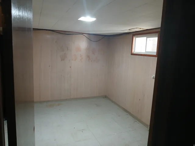 Basement featuring light floors and wood walls