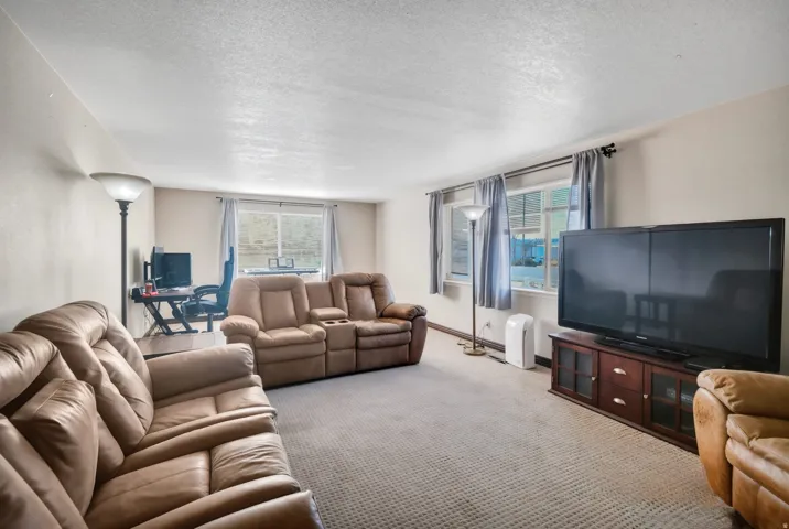Carpeted living room with a textured ceiling and baseboards