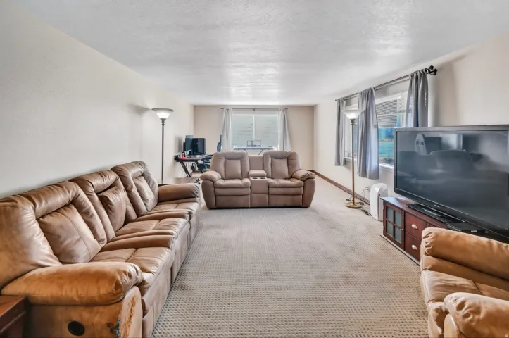Living room with a textured ceiling, healthy amount of natural light, and carpet