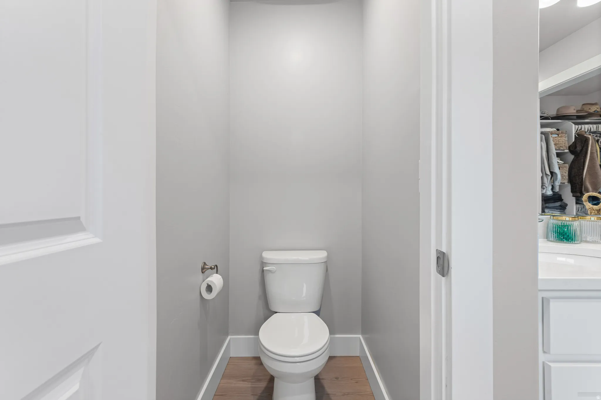 Bathroom featuring wood finished floors and a walk in closet