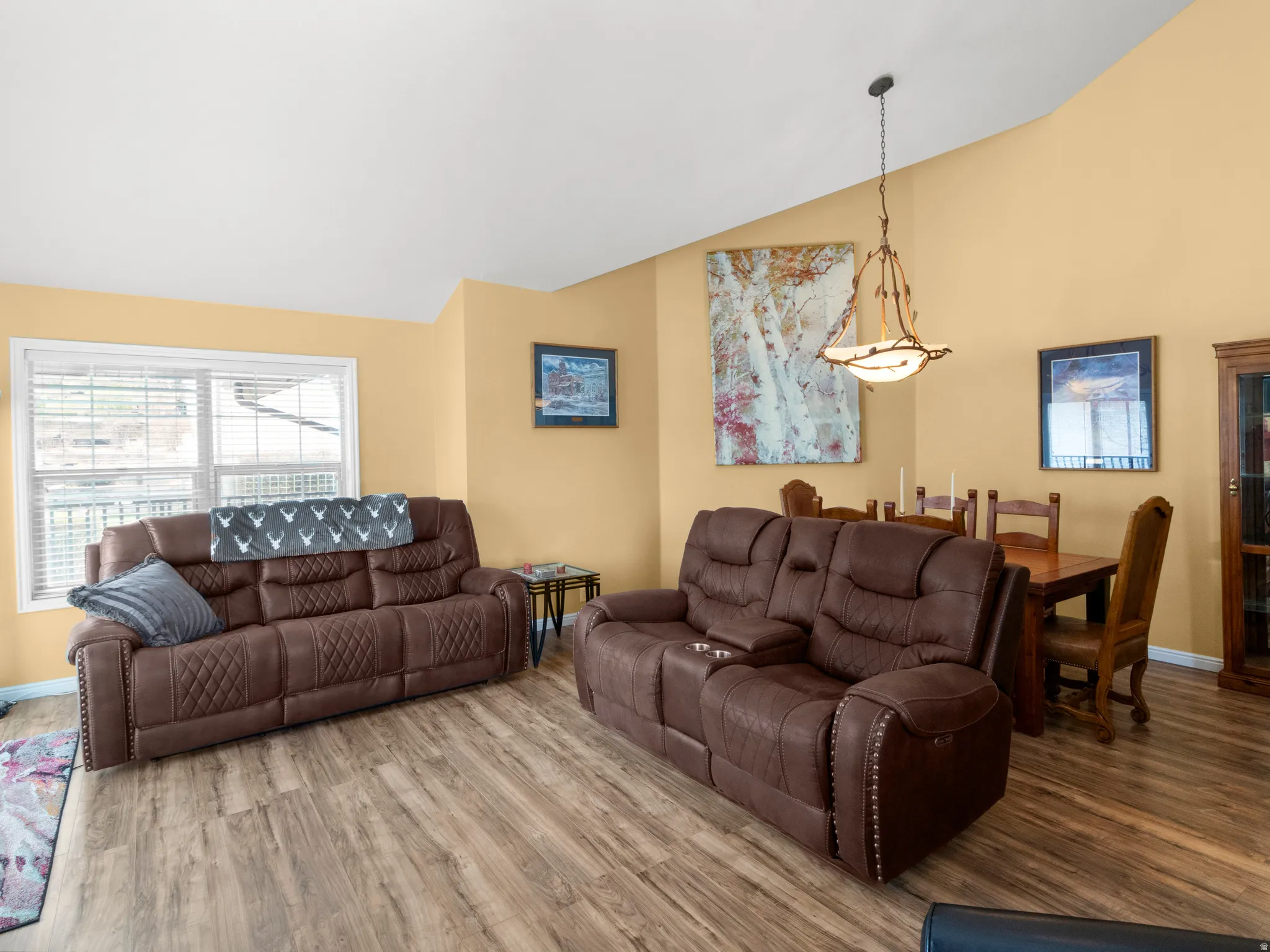 Living area featuring wood finished floors and high vaulted ceiling