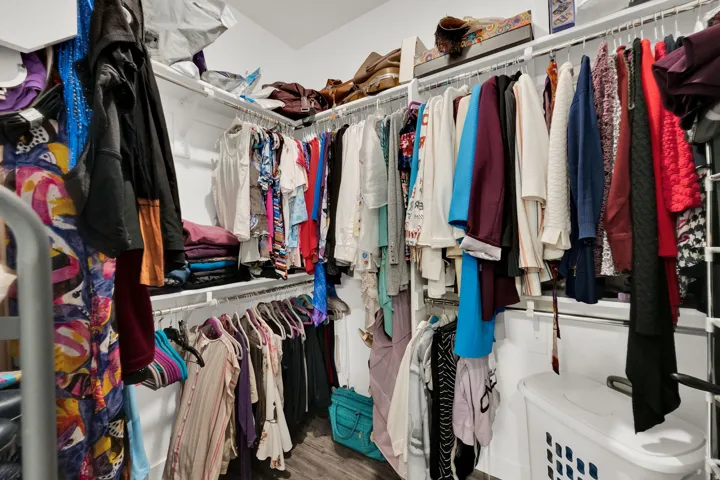 Spacious closet featuring dark wood-style flooring