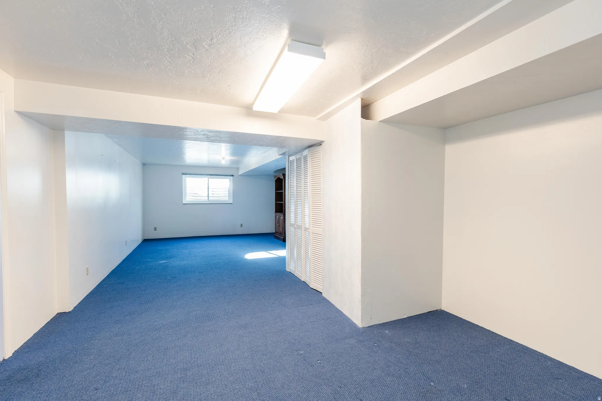 Basement with a textured ceiling and carpet flooring