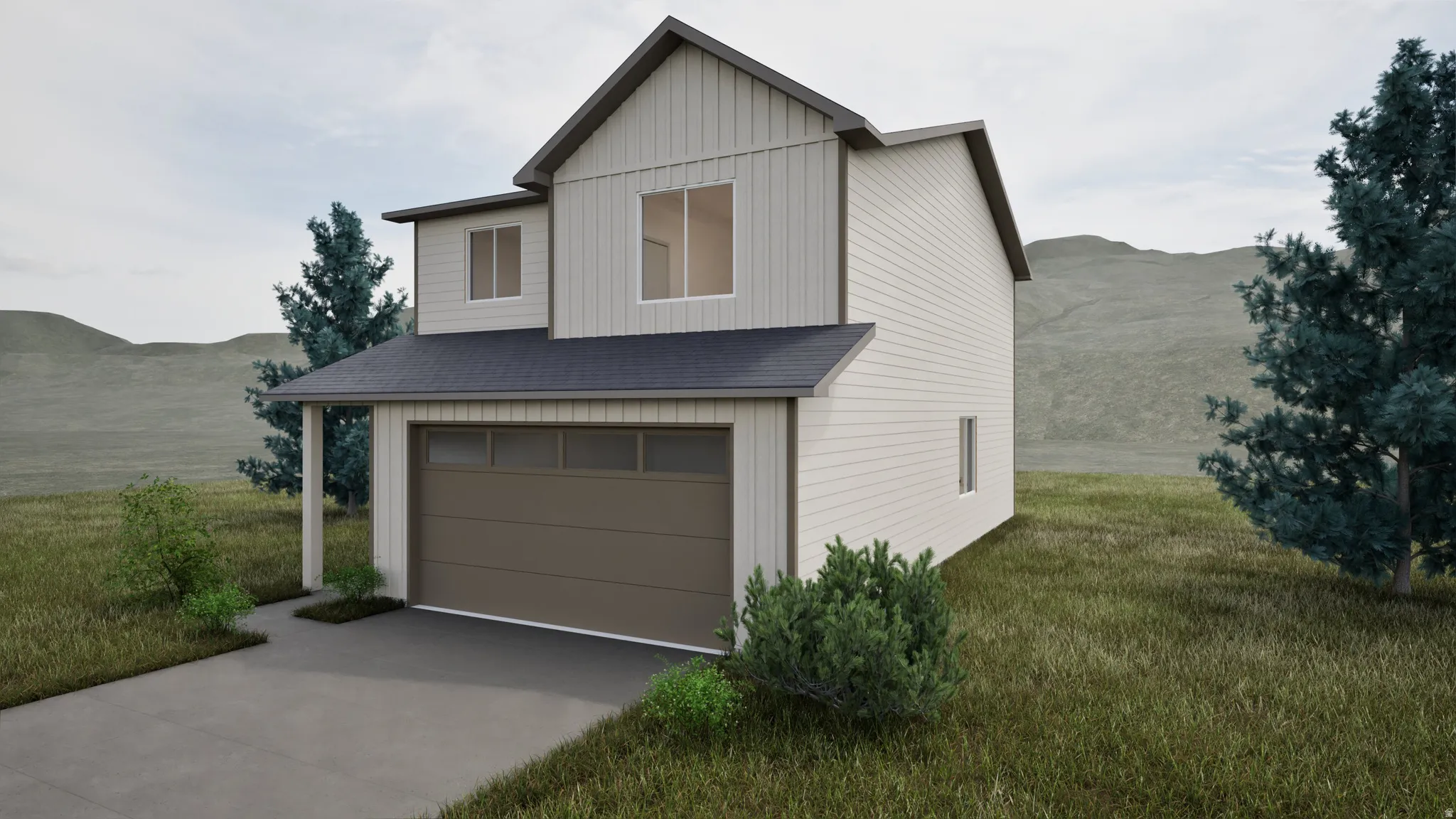 View of front of house with a garage, a mountain view, and concrete driveway