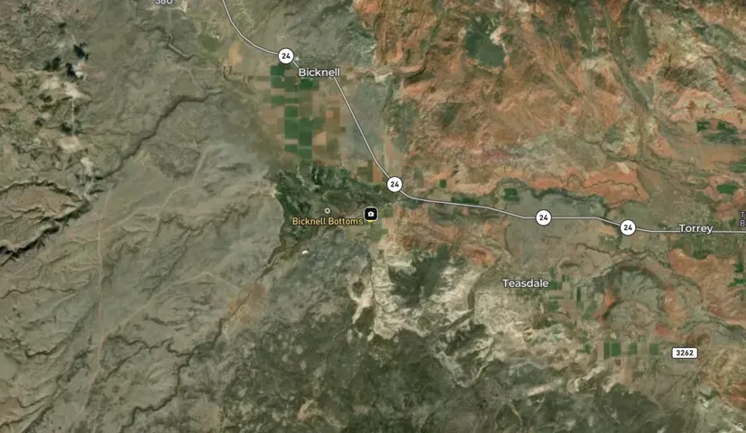 Aerial map of property and surrounding area with property parcel outlined