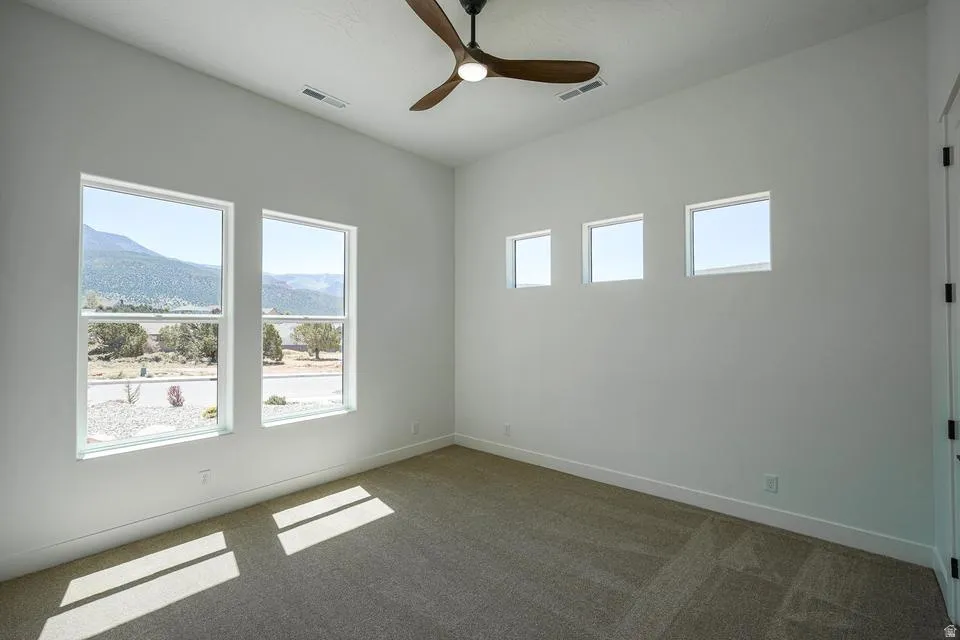 Spacious room featuring multiple windows, a ceiling fan, and carpeted flooring