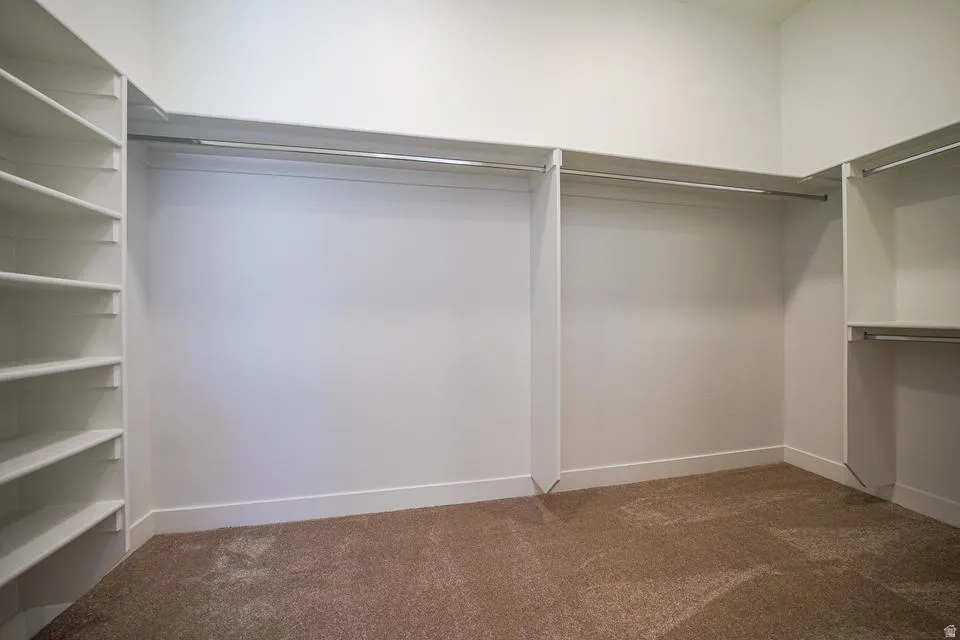 Spacious walk-in closet featuring built-in shelving, multiple hanging rods, white trim, and neutral-toned carpeting
