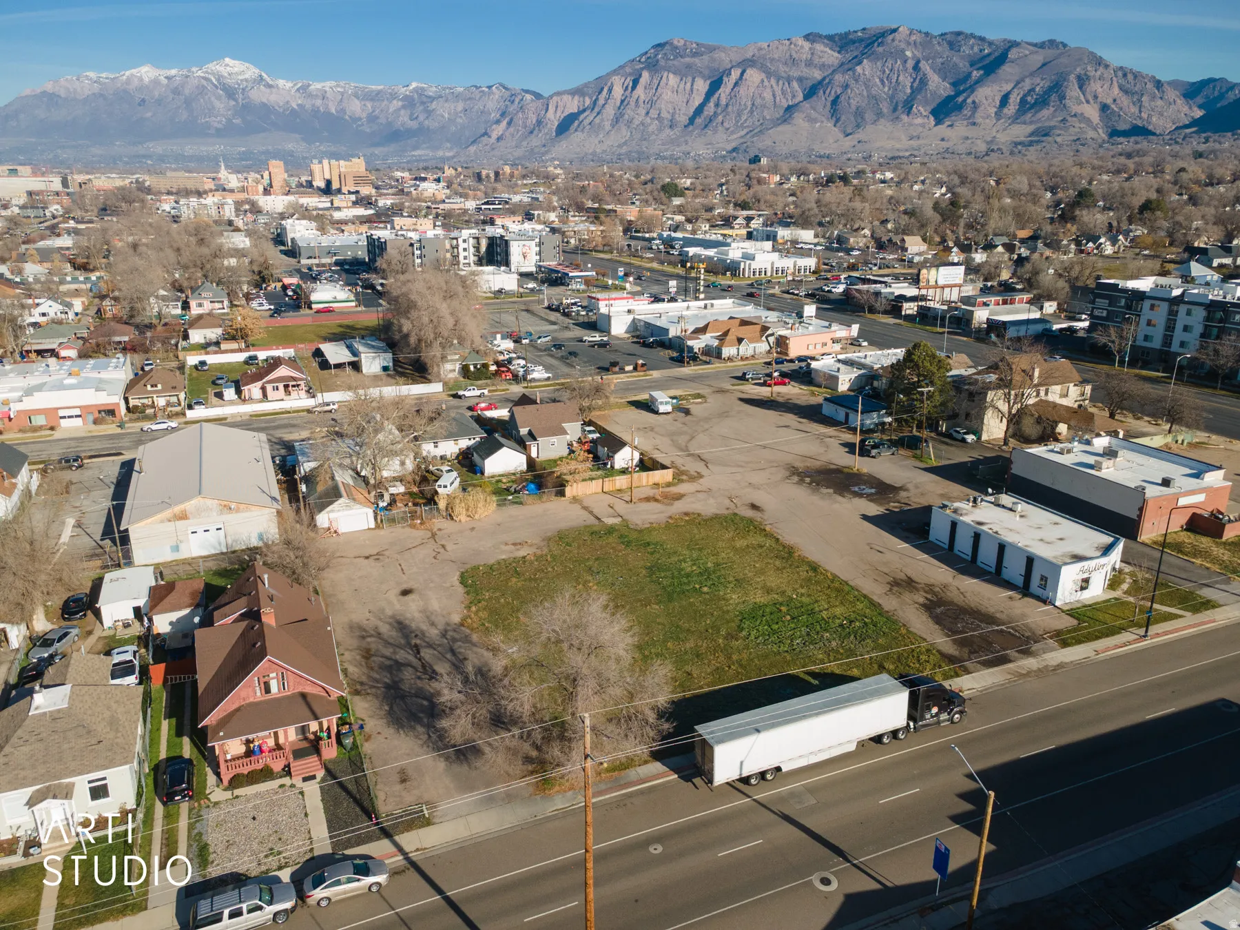 Drone / aerial view of a mountainous background