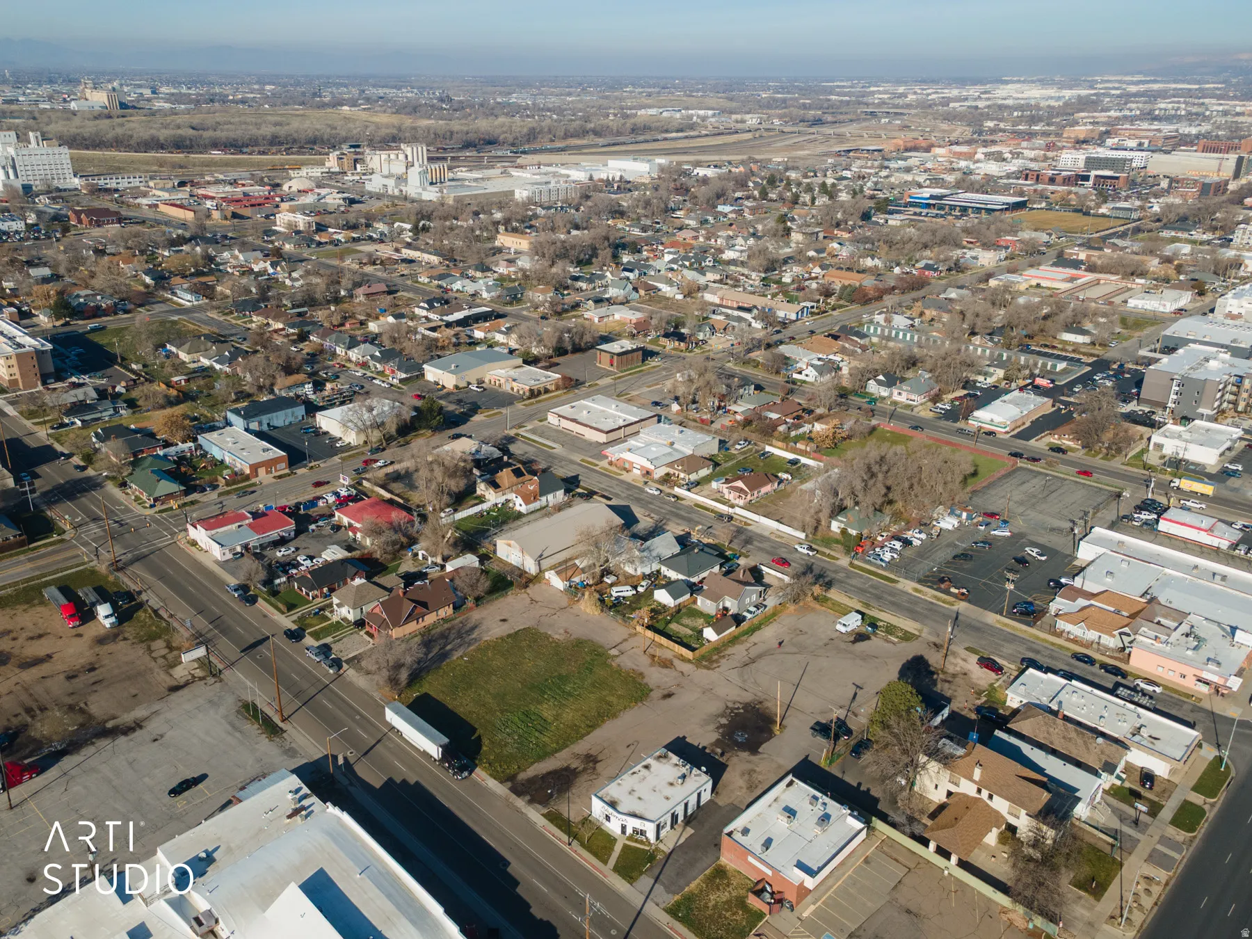 Aerial overview of property's location featuring nearby urban area