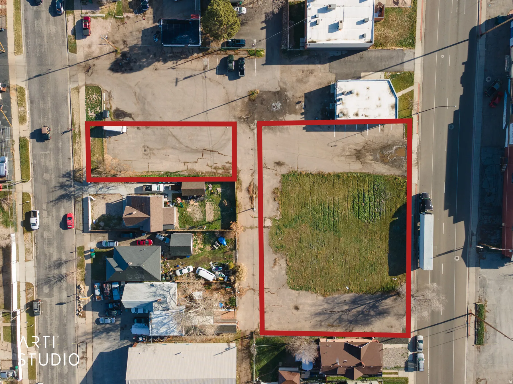 Aerial view of property's location with property boundaries highlighted