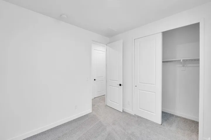 Unfurnished bedroom featuring carpet flooring and a closet