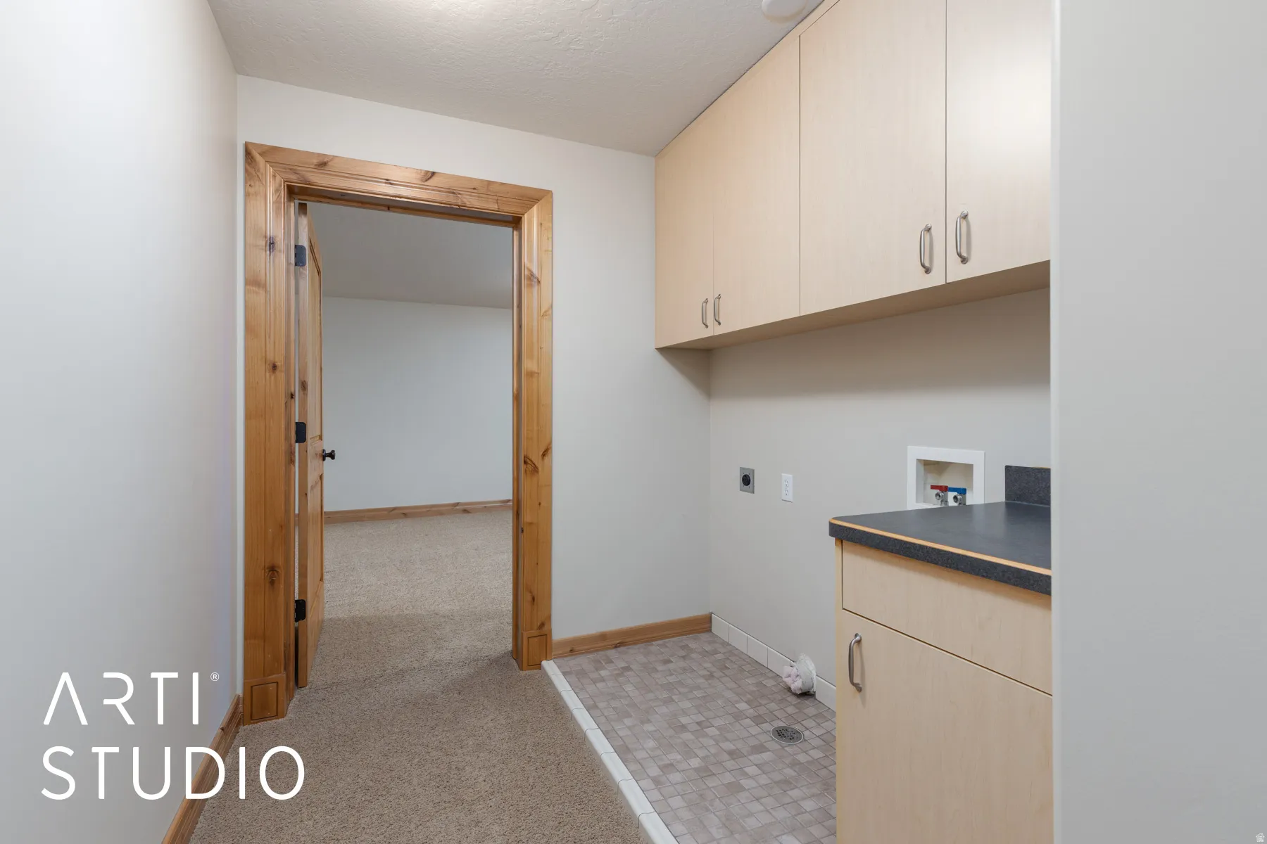 Washroom featuring cabinet space, hookup for a washing machine, light colored carpet, and hookup for an electric dryer